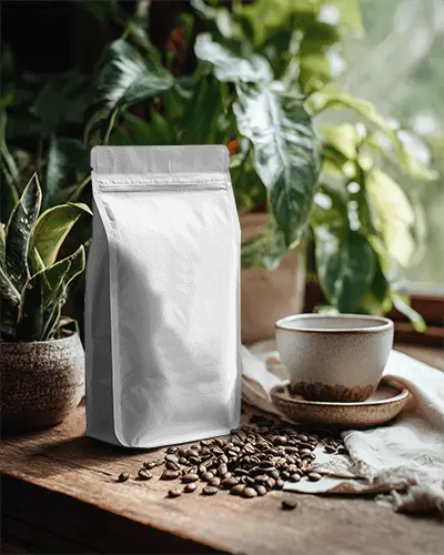 Reusable Stand Up Pouch Mockup Packaging For Coffee Beans With Zipper Lock And Matte Finish