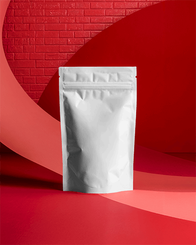 Sleek White Stand Up Pouch Mockup With Zip Lock Feature In Bold Red Environment Contrasting And Eye Catching