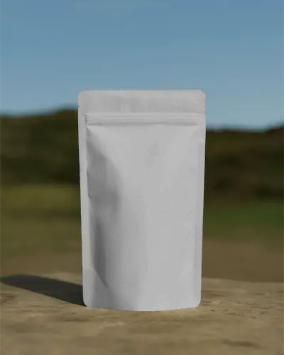 Stand Up Pouch Packaging Mockup For Natural Product Display On Wooden Surface