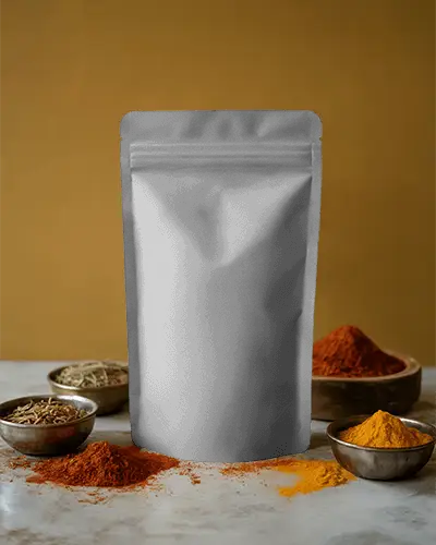 Resealable Stand Up Pouch Packaging Mockup For Powdered Spices Herbs Supporting Brand Visibility
