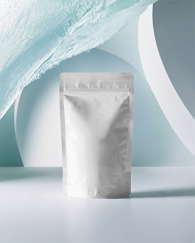 Premium White Matte Pouch Mockup With Subtle Lighting And Cool Blue Aesthetic Modern And Sophisticated Presentation