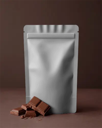 Stand Up Pouch Packaging Mockup With Chocolate Squares For Product Presentation Design