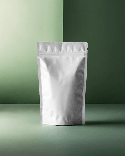 Minimalistic White Packaging Pouch Mockup On Muted Green Surface With Subtle Shadows Organic And Natural Feel
