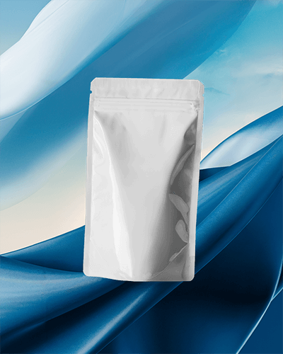 Floating White Pouch Mockup With Soft Reflections Against A Dreamy Blue And Cream Silk Background Elegant And Premium Look