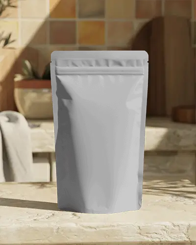 Resealable Standup Pouch Packaging Mockup On Natural Stone Surface For Brand Presentation