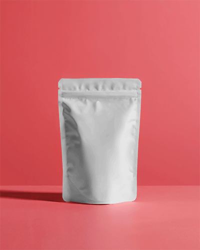Minimalist White Stand Up Pouch Mockup On Warm Pink Surface With Subtle Shadows Modern And Stylish Branding Showcase