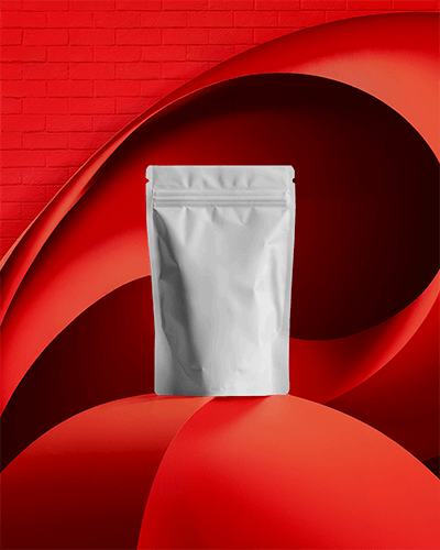 Vibrant White Pouch Mockup With Zip Lock Feature Positioned In Front Of Bold Red Curved Abstract Background Eye Catching And Dynamic