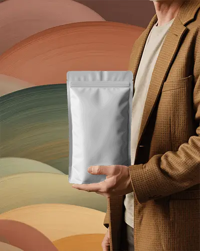 Man Holding Standup Pouch Mockup For Product Packaging Design Presentation Template