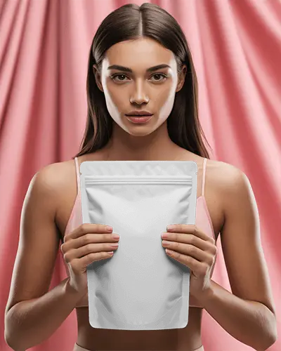 Woman Holding Stand Up Pouch For Product Packaging Mockup Presentation