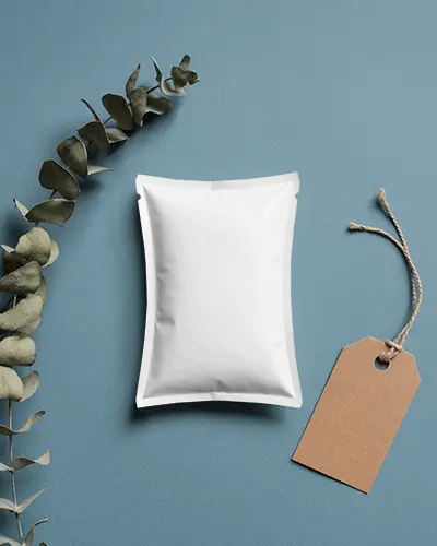 Realistic Flat Lay Pouch Packaging Mockup With Tag And Dried Leaves For Marketing Use