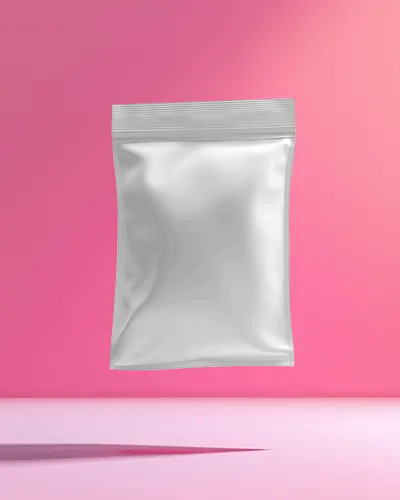 Floating Colorful Pouch Mockup Against Vibrant Pink Background With Abstract Fruit Themed Design Dynamic And Modern Aesthetic