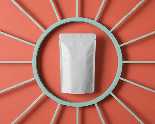 Front Facing Pouch Packaging Mockup Against Aqua And Orange Sunburst Grid Background Bold And Trendy