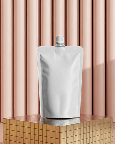 Glossy Spout Pouch Mockup On Golden Tiled Podium Against Pink Line Backdrop Luxury Beauty Packaging