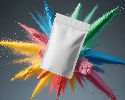 Floating Packaging Pouch In Holi Inspired Color Splash Scene Vivid Pigments And Dynamic Motion