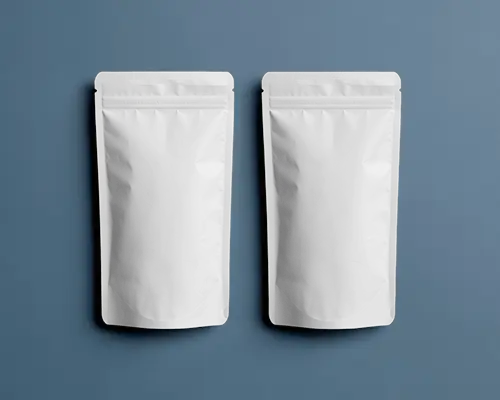 Dual Pouch Mockup On Blue Textured Background Front View Minimal Symmetry Product Presentation