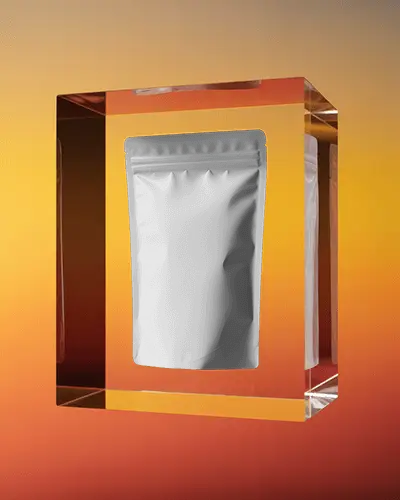 Floating Pouch Mockup Inside Transparent Orange Protective Box Display With Vibrant Gradient Light