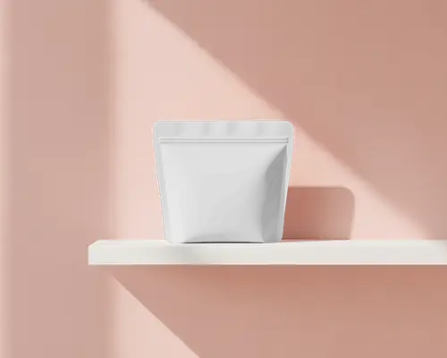 Small Pouch Mockup On Minimal White Shelf Soft Sunlight On Pink Wall Subtle And Modern Styling
