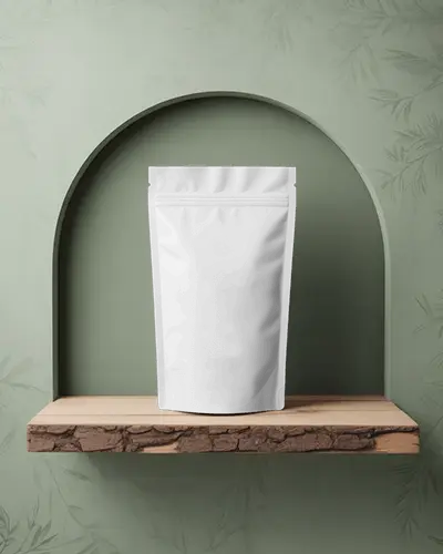 Eco Style Pouch Mockup In Textured Arch Setting On Wood Slab With Soft Floral Wall Design