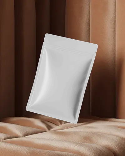 Luxury Pouch Mockup Placed On Velvet Sofa Against Brown Curtain Soft Texture And Rich Lighting