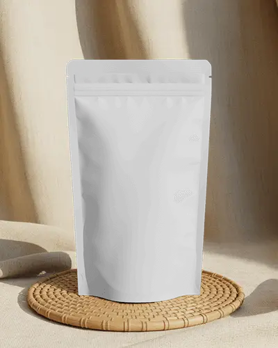 Pouch Mockup Standing On Woven Mat With Natural Fabric Background Soft Shadows And Sunlight