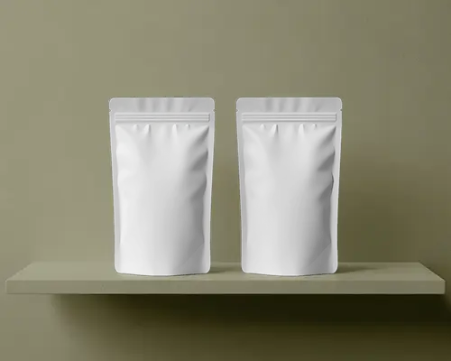 Dual Pouch Mockup On Olive Shelf Muted Green Wall Minimal And Symmetrical Setup