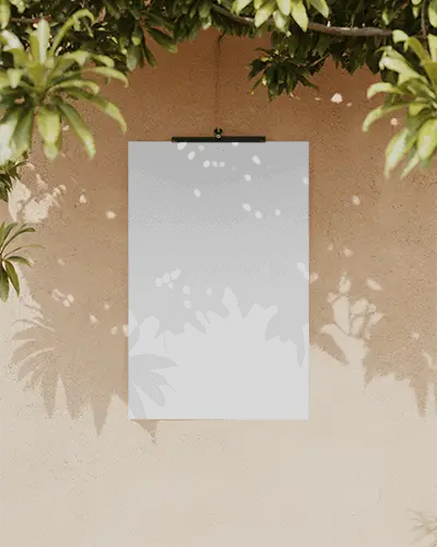 Outdoor Poster Mockup Hanging On Textured Wall With Natural Light And Leaf Shadows