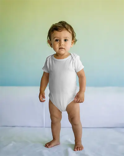 Cute Baby Wearing Short Sleeve Onesie Mockup For Newborn Infant Toddler Apparel Display