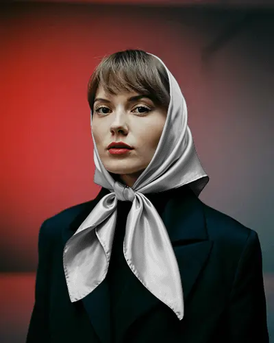 Elegant Scarf Mockup Styled As Headscarf On Female Model In Dark Outfit With Red Gradient Light