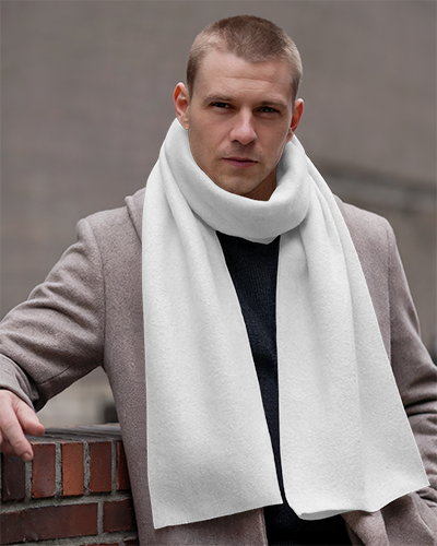 Urban Winter Scarf Mockup Male Model In Light Brown Coat Leaning On Brick Wall With Modern City Backdrop Cozy And Stylish Look