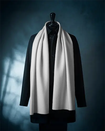 Mens Fashion Scarf Mockup On Coat Showcasing Elegant Accessory For Cold Weather