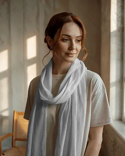 Modern Scarf Mockup Female Model Wearing Long Fabric Accessory In Soft Sunlit Interior Setting