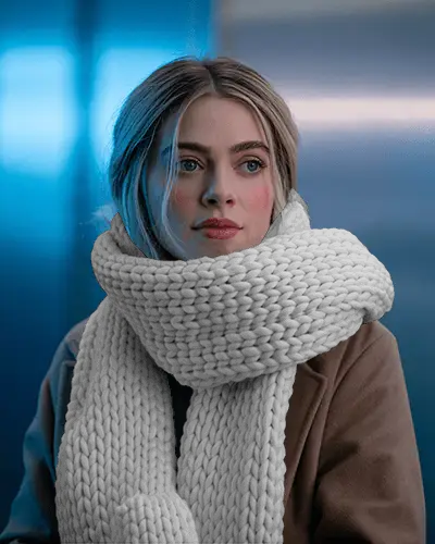 Stylish Scarf Mockup Woman In Warm Overcoat With Chunky Knit Accessory Against Blue Background