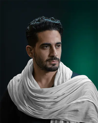 Elegant Scarf Mockup Male Model Wearing Draped Fabric Accessory In Studio With Dark Green Light