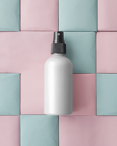 Floral Spray Bottle Mockup On Pastel Pink And Blue Envelope Background Elegant And Botanical Product Presentation