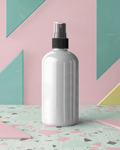 Artistic Spray Bottle Mockup With Marble Texture On Geometric Pastel Background Modern And Abstract Packaging Design
