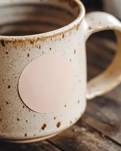 Rustic Ceramic Mug Sticker Mockup Closeup Pink Label On Speckled Surface Warm Wooden Background 0102