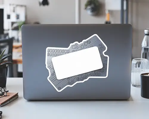 Modern Office Sticker Mockup Laptop Backdrop With Abstract Sketch Outline And Minimal Desk Accessories In Daylight Setting 0105