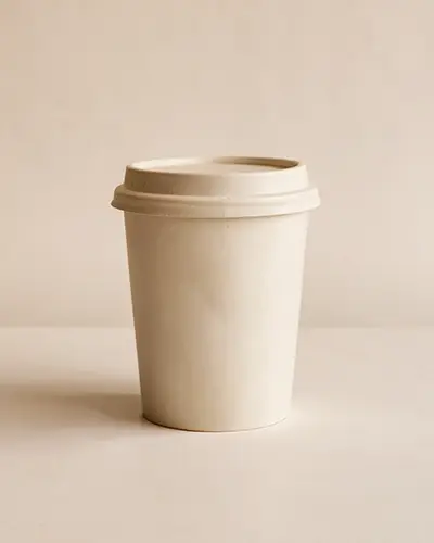 Warm Beige Scene Paper Cup Sticker Mockup Front View Soft Shadows Subtle Texture Calm Minimal Aesthetic 0126