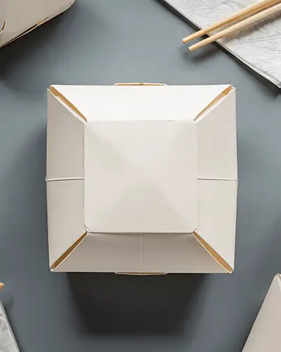 Top View Food Box Sticker Mockup On Blue Table Minimal Japanese Aesthetic With Chopsticks And Napkin Flat Lay Composition 0127