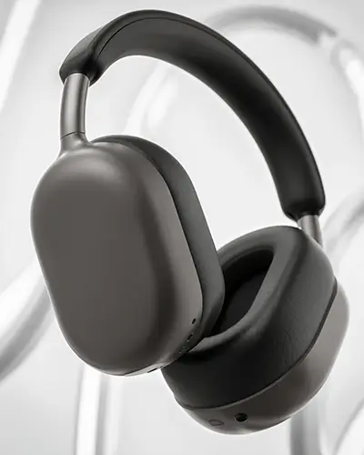 Sleek Over Ear Headphones Mockup Matte Black Finish With Abstract Chrome Background Premium Audio Branding Scene 0130