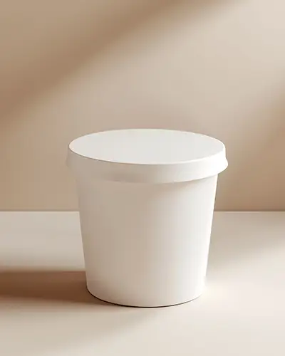 Sunlit Minimal Food Tub Sticker Mockup Front View On Beige Surface Soft Shadow Packaging Brand Presentation Scene 0136