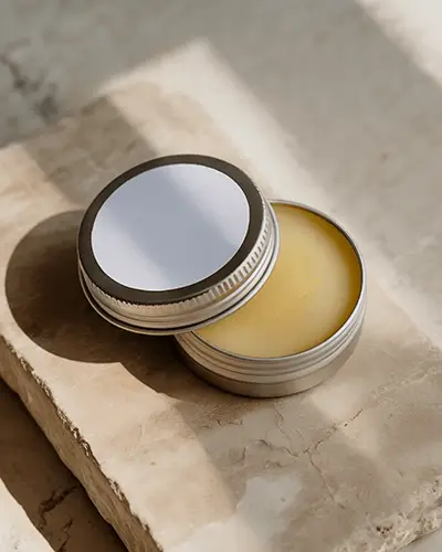 Sunlit Natural Balm Tin Sticker Mockup Metal Lid On Stone Surface Warm Earthy Lighting Clean Label Presentation 0148