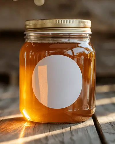 Golden Hour Kitchen Jar Sticker Mockup Honey Filled Glass Jar On Wooden Surface With Warm Sunlight And Soft Shadows 0149