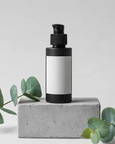 Minimalist Skincare Sticker Mockup Black Pump Bottle On Concrete Pedestal With Eucalyptus Leaves In Soft Natural Light 0150