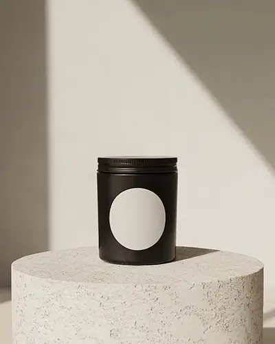 Minimalist Skincare Sticker Mockup Black Jar On Textured Round Plinth In Angled Sunlight Soft Shadows And Neutral Tones 0152