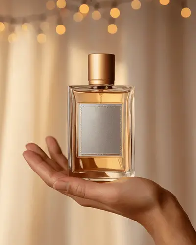 Elegant Perfume Sticker Mockup Glass Bottle Held In Hand Against Warm Bokeh Curtain Background Soft Evening Lighting 0153