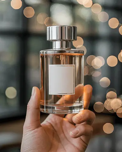 Modern Perfume Sticker Mockup Clear Glass Bottle Held Close Up With Cozy Window Bokeh Background Daylight Reflections 0154