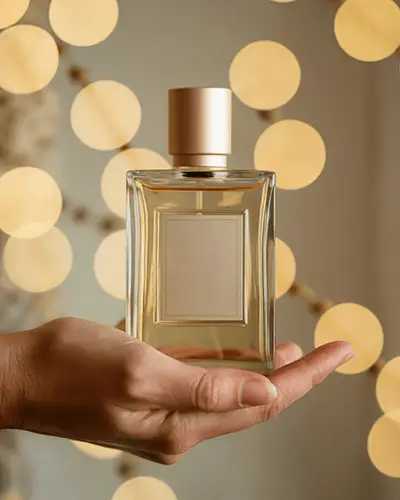 Golden Hour Perfume Sticker Mockup Hand Holding Clear Bottle Against Warm Fairy Light Bokeh Background Soft And Elegant Mood 0155