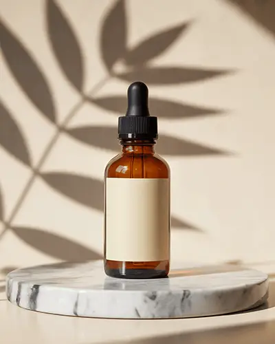 Dropper Bottle Sticker Mockup On Marble Surface With Leaf Shadows 0160