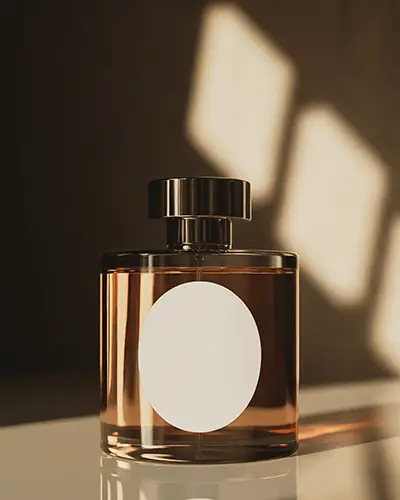 Luxurious Perfume Bottle Sticker Mockup On Glass With Silver Cap Under Ambient Light 0161